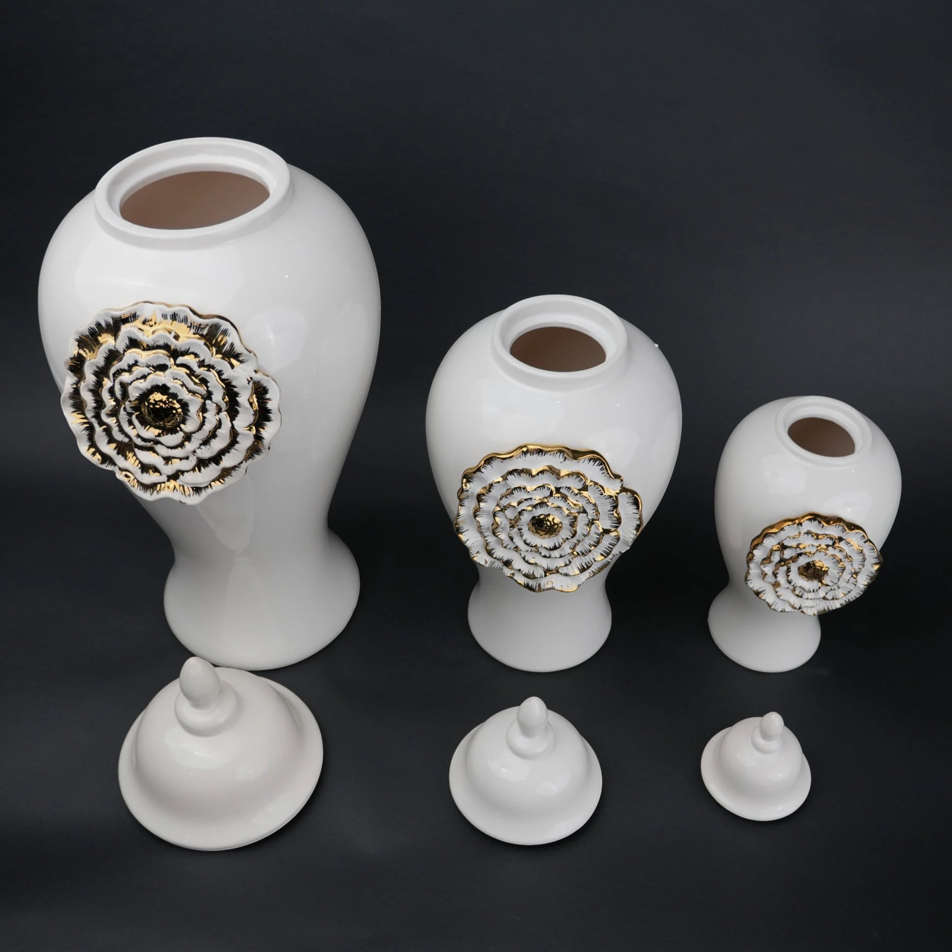 White ceramic jar with gold floral detail decorative jar with lid for modern home decor styling