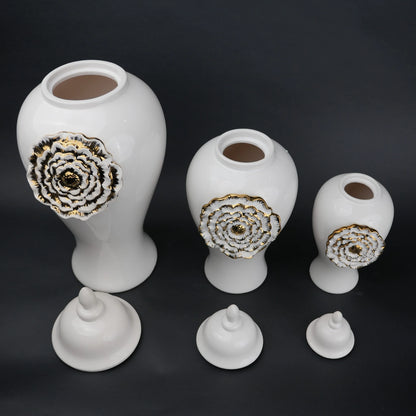 White ceramic jar with gold floral detail decorative jar with lid for modern home decor styling