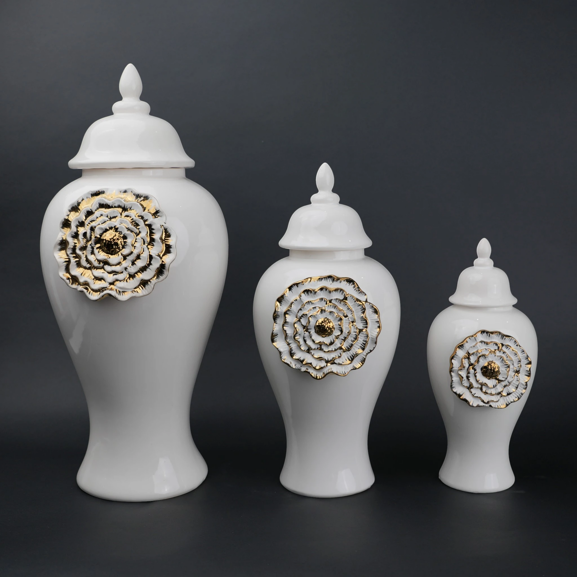White ceramic jar with gold floral detail decorative jar with lid for modern home decor styling