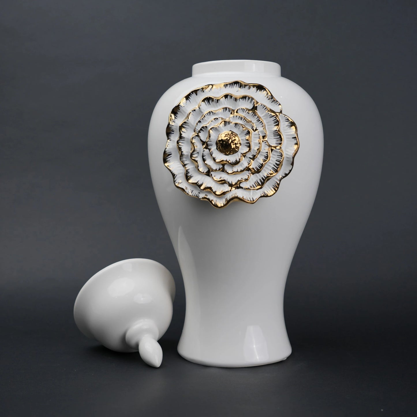 White ceramic jar with gold floral detail decorative jar with lid for modern home decor styling
