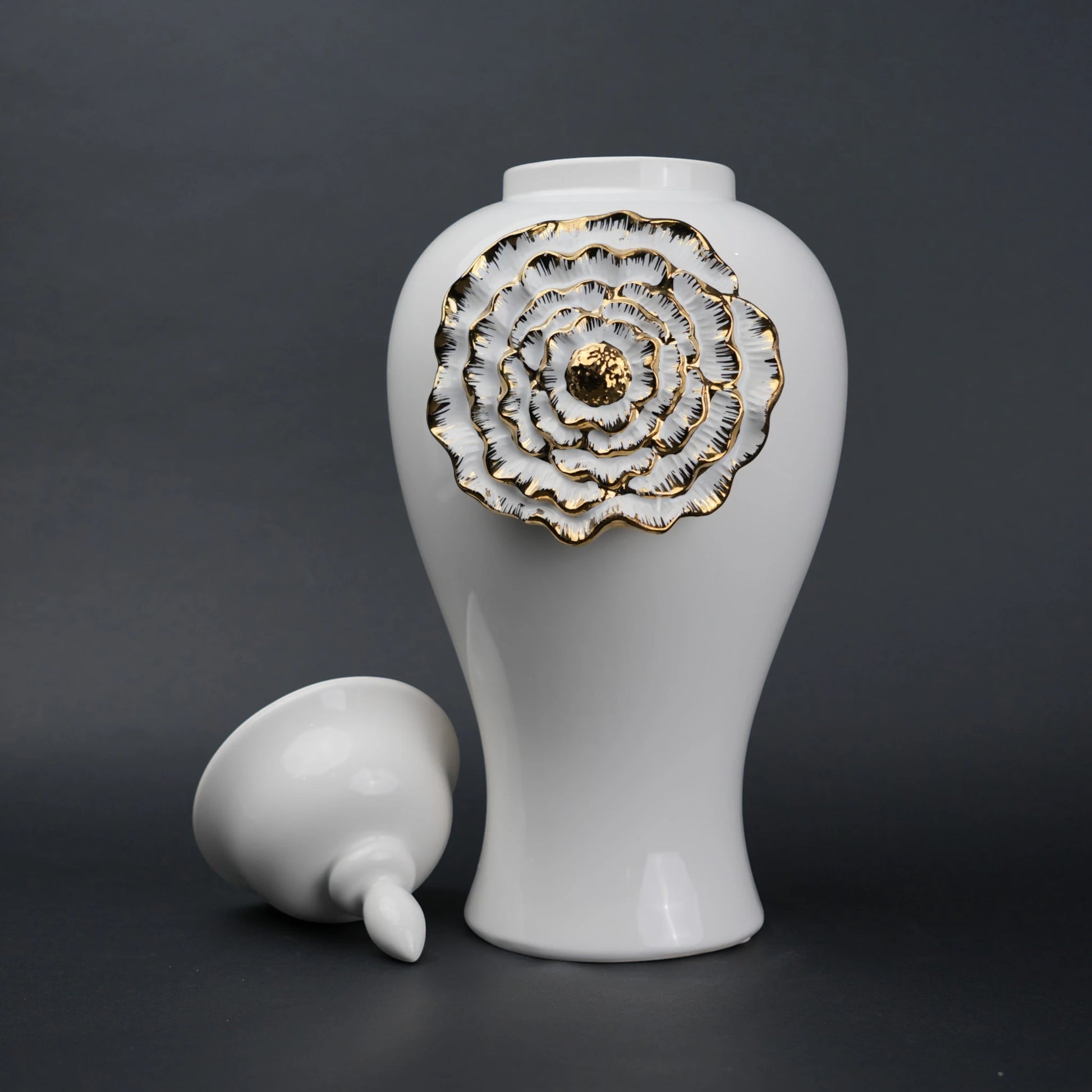 White ceramic jar with gold floral detail decorative jar with lid for modern home decor styling