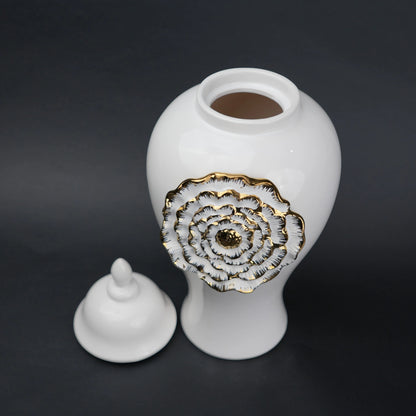 White ceramic jar with gold floral detail decorative jar with lid for modern home decor styling
