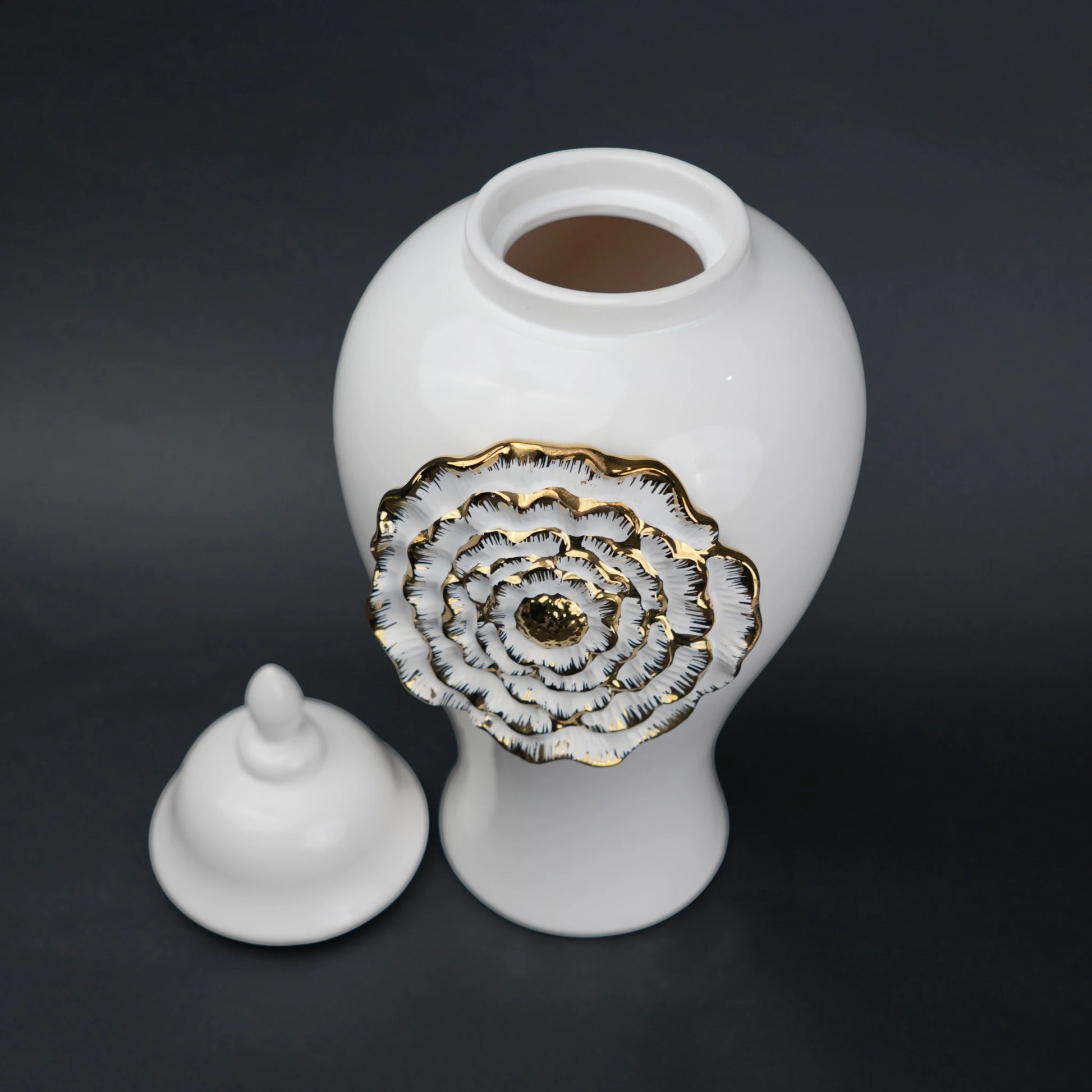White ceramic jar with gold floral detail decorative jar with lid for modern home decor styling