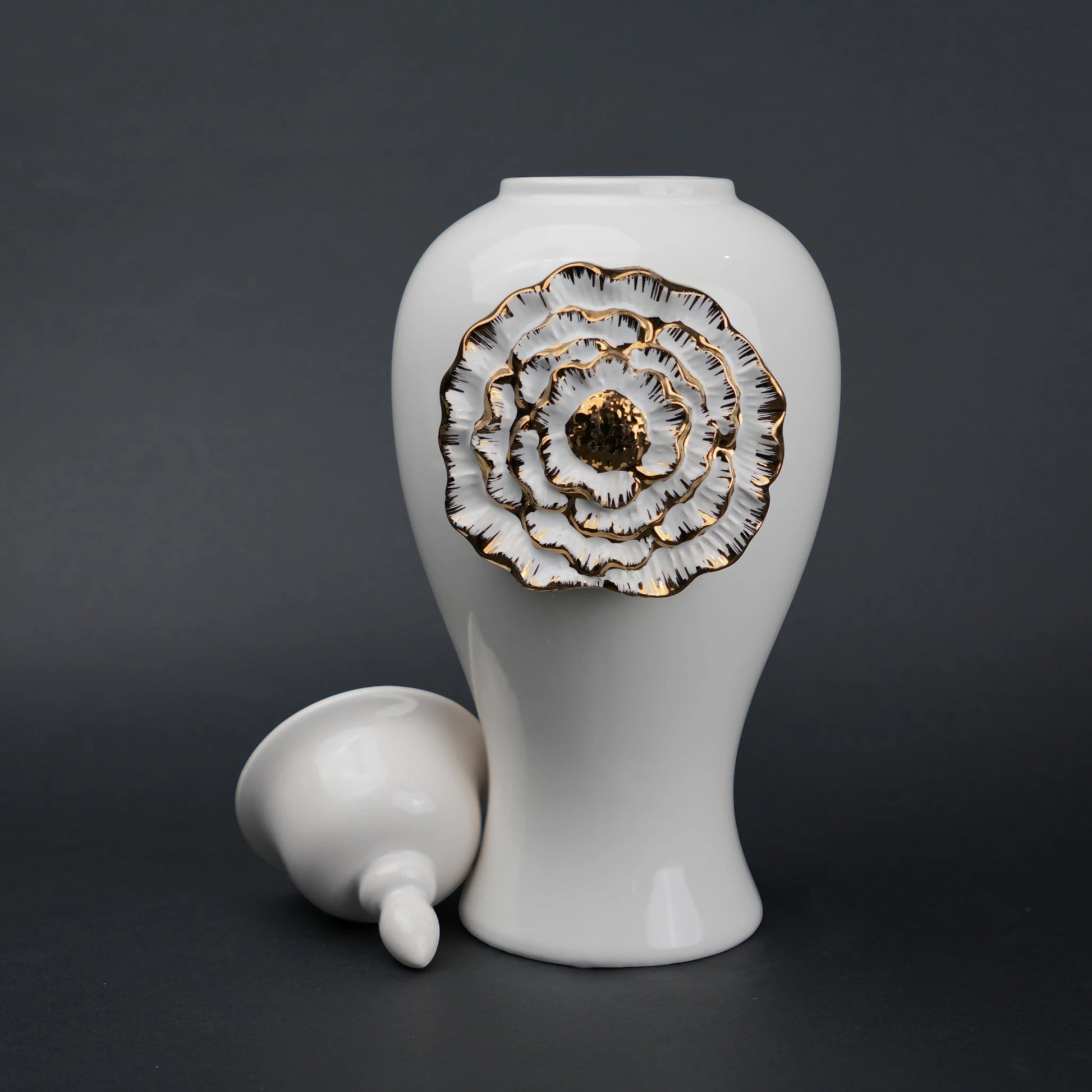 White ceramic jar with gold floral detail decorative jar with lid for modern home decor styling