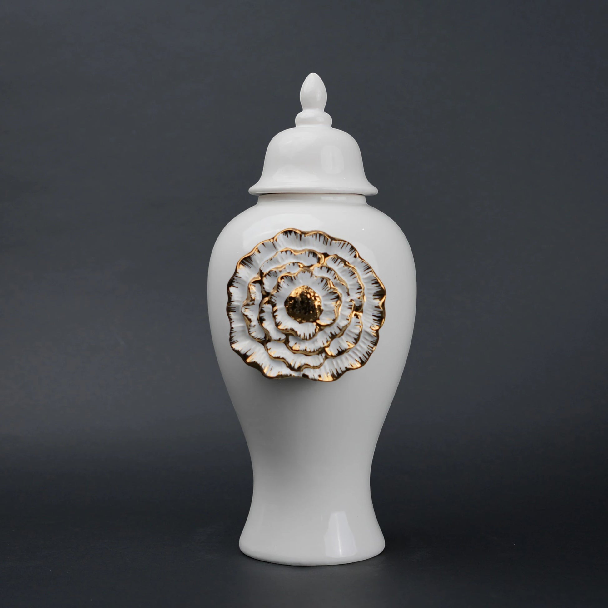 White ceramic jar with gold floral detail decorative jar with lid for modern home decor styling