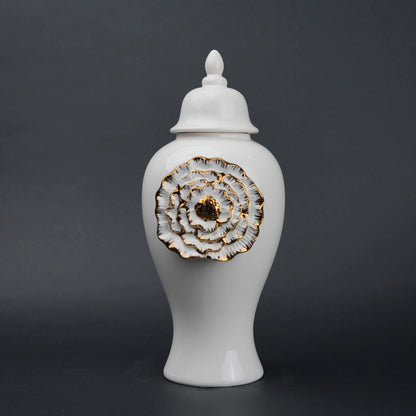 White ceramic jar with gold floral detail decorative jar with lid for modern home decor styling