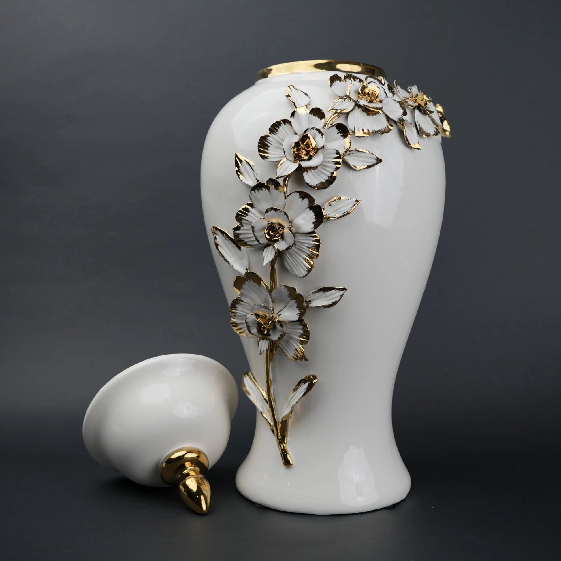 White ceramic jar with gold petal detailing and lid for decor and flower vase styling