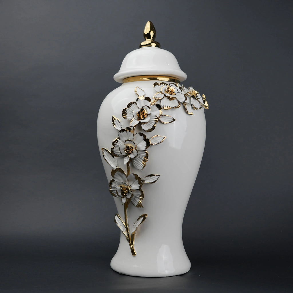 White ceramic jar with gold petal detailing and lid for decor and flower vase styling