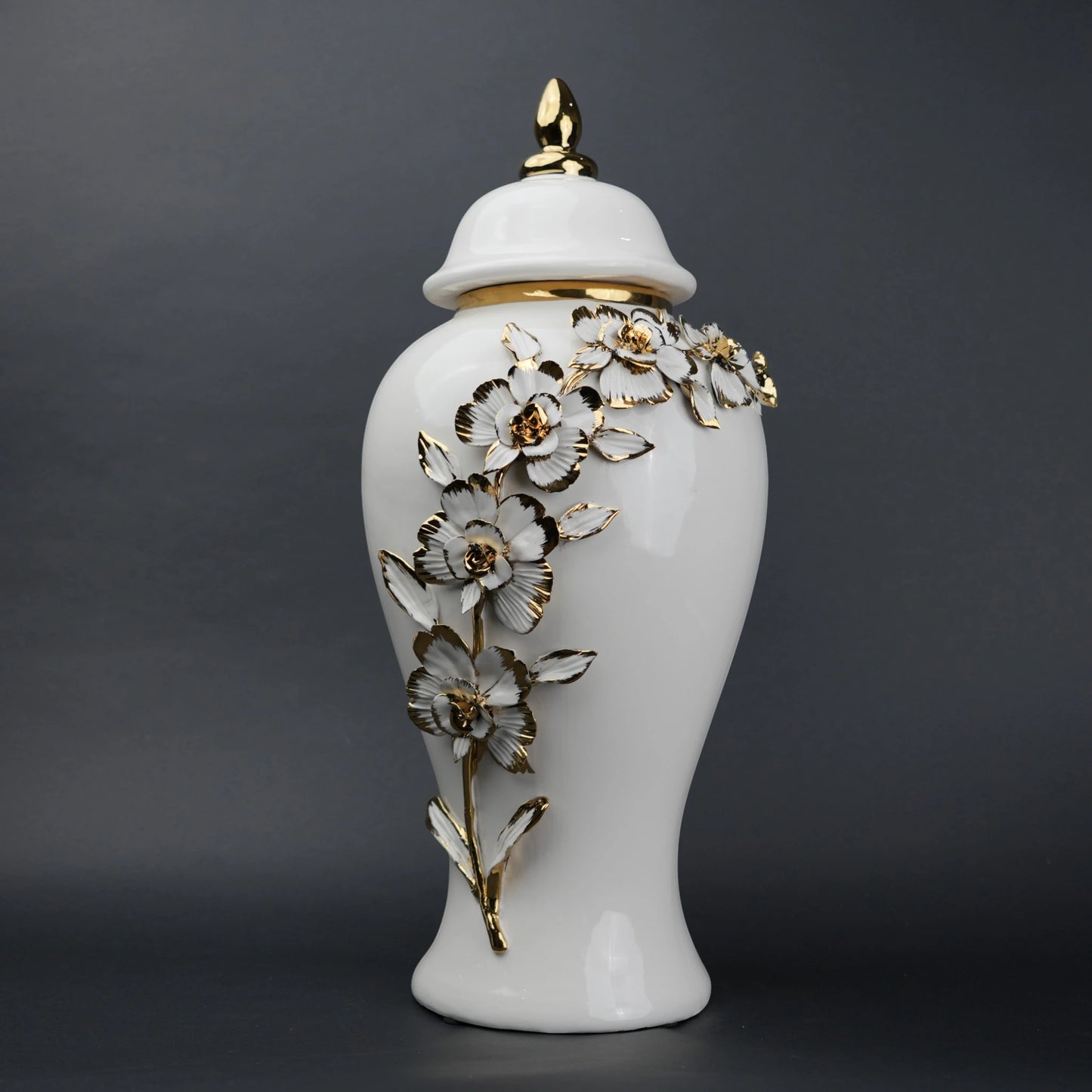 White ceramic jar with gold petal detailing and lid for decor and flower vase styling