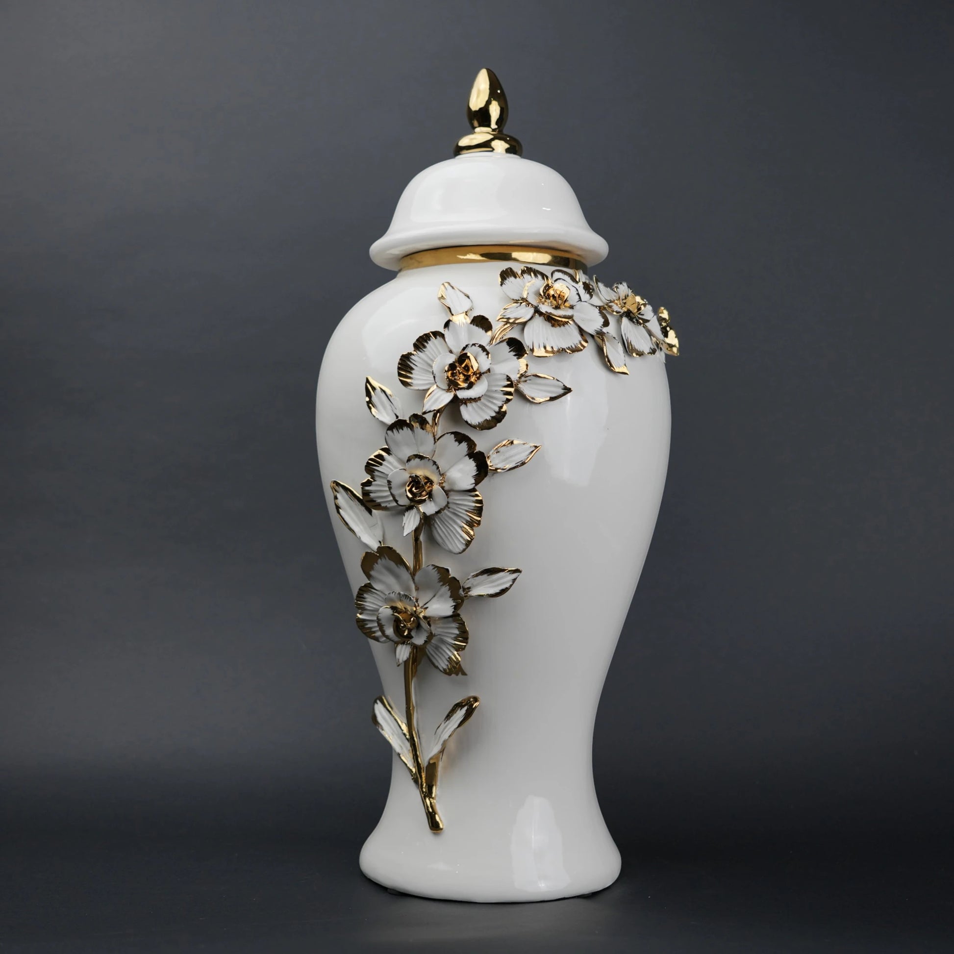 White ceramic jar with gold petal detailing and lid for decor and flower vase styling