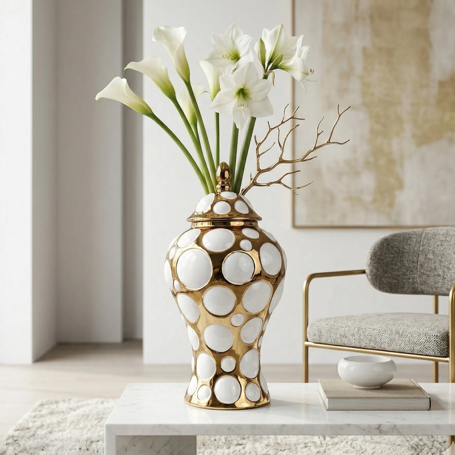 Gilded orbit jar w/ calla lilies on marble