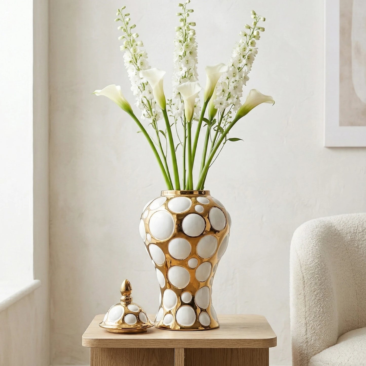 Gilded orbit jar, lidless, w/ delphiniums