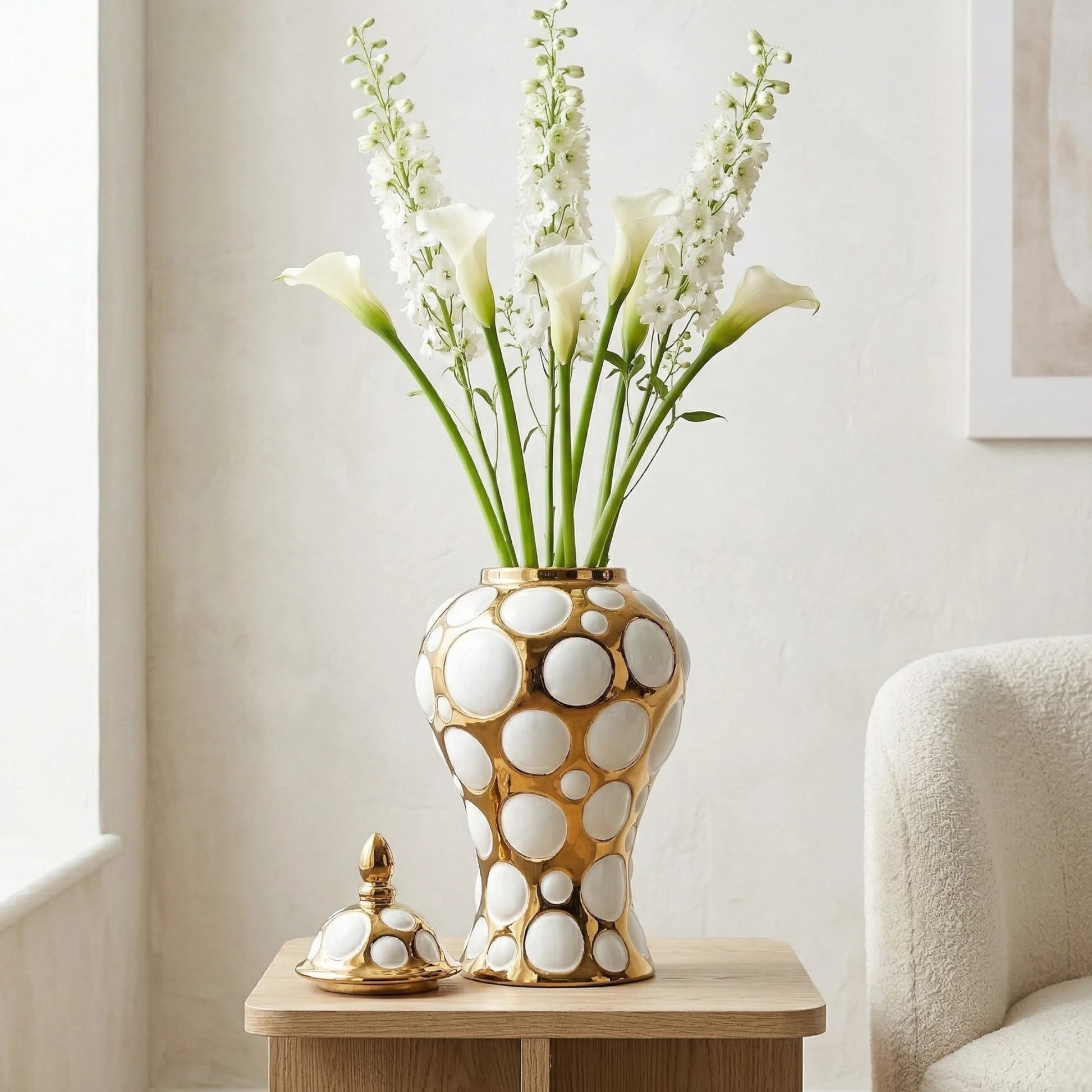 Gilded orbit jar, lidless, w/ delphiniums