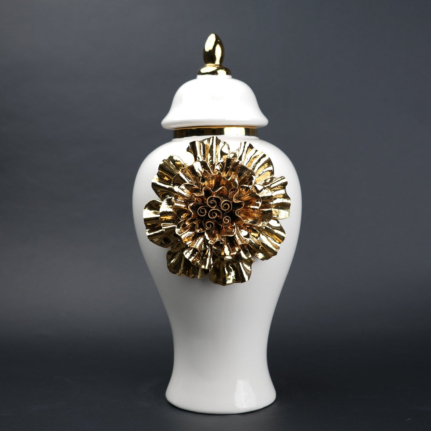 White ceramic decorative jar with gold laurel leaf band and lid