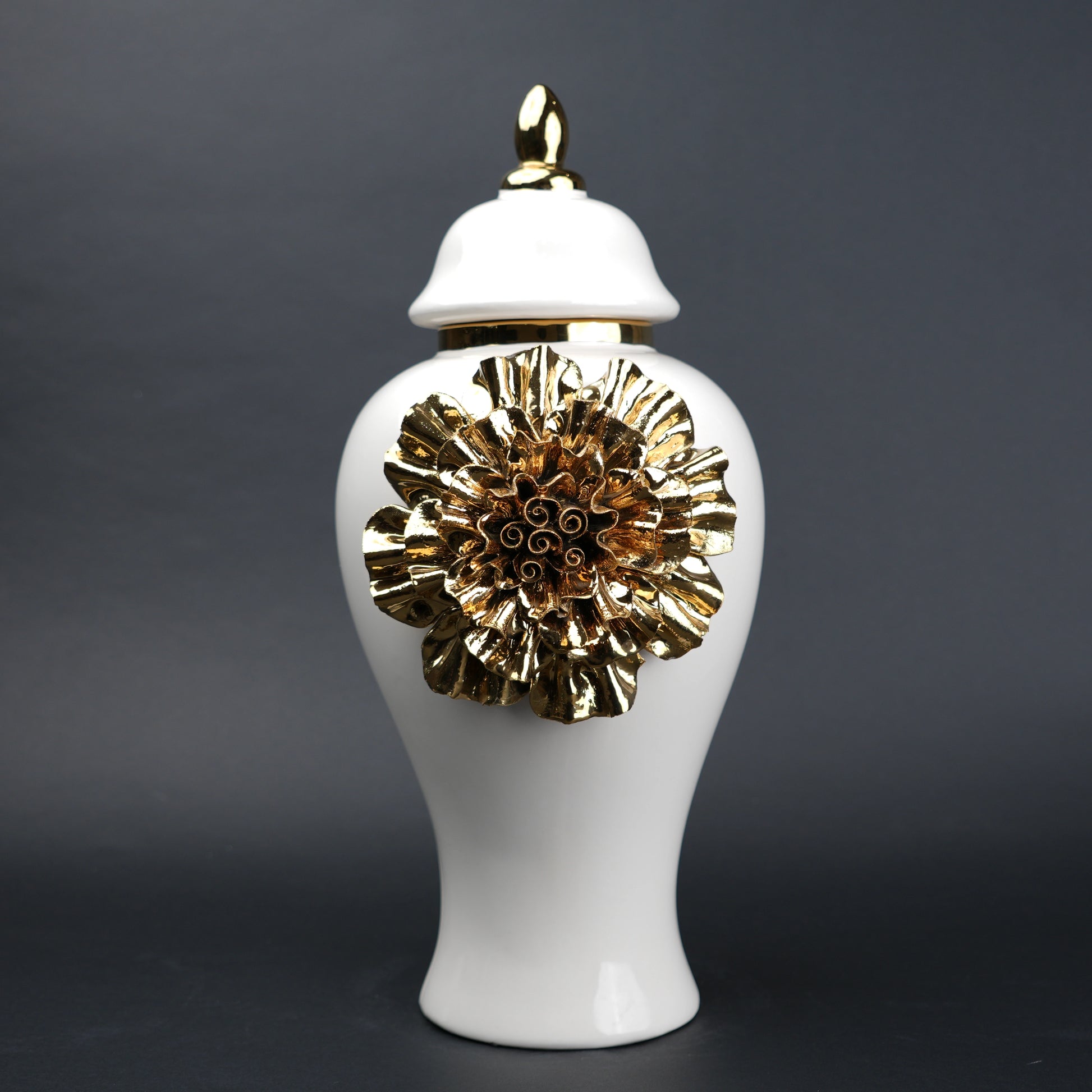 White ceramic decorative jar with gold laurel leaf band and lid