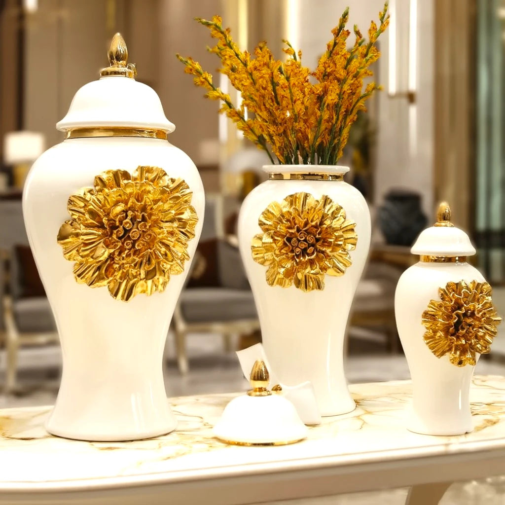 Gilded Bloom Jar ceramic decorative jar with gold floral accents