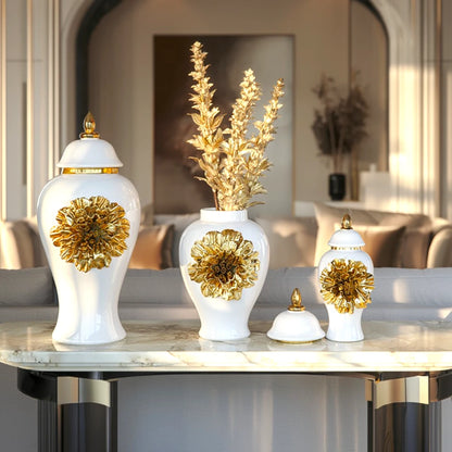 Gilded Bloom Jar ceramic decorative jar with gold floral accents