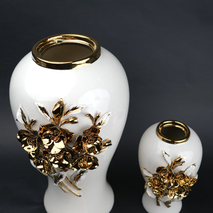 White ceramic jar with gold floral detailing decorative jar with lid for modern home decor