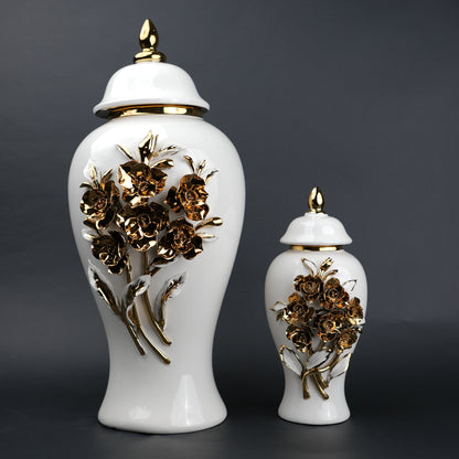 White ceramic jar with gold floral detailing decorative jar with lid for modern home decor