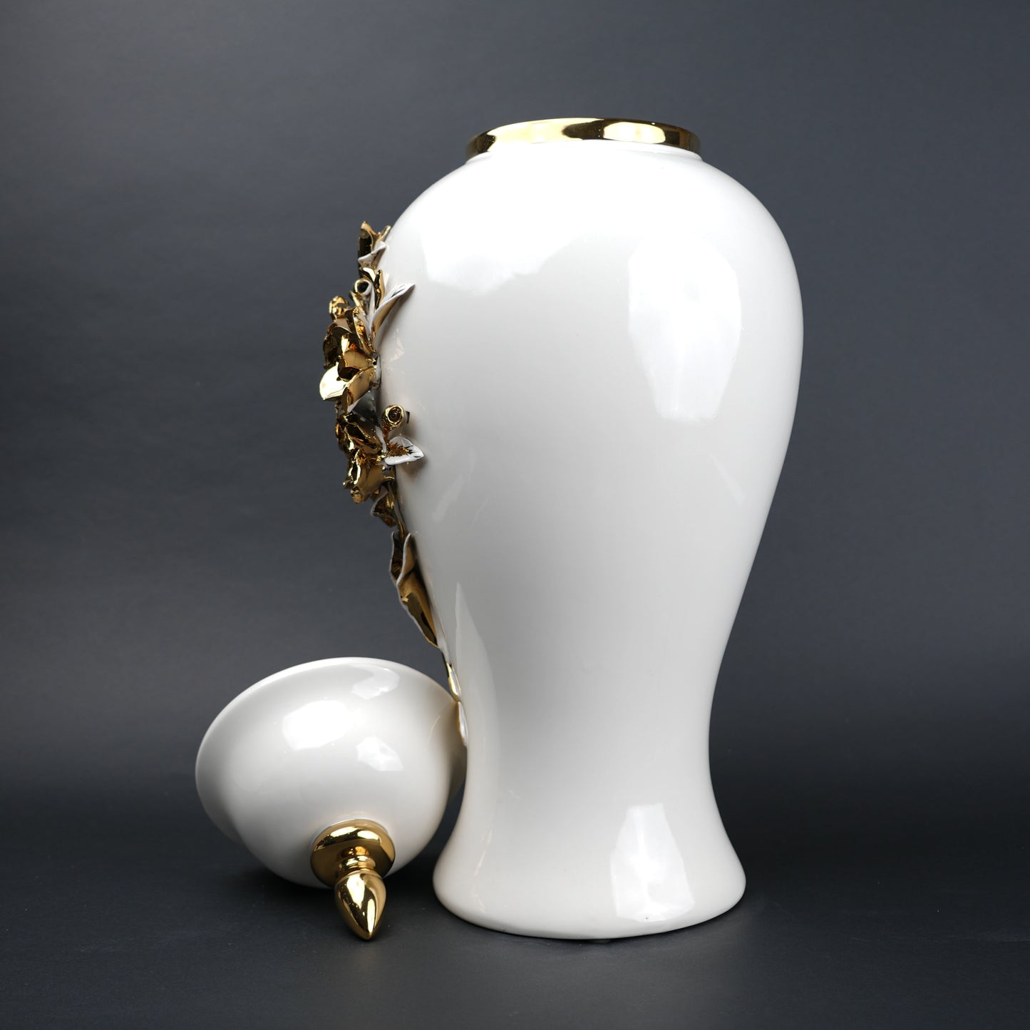White ceramic jar with gold floral detailing decorative jar with lid for modern home decor