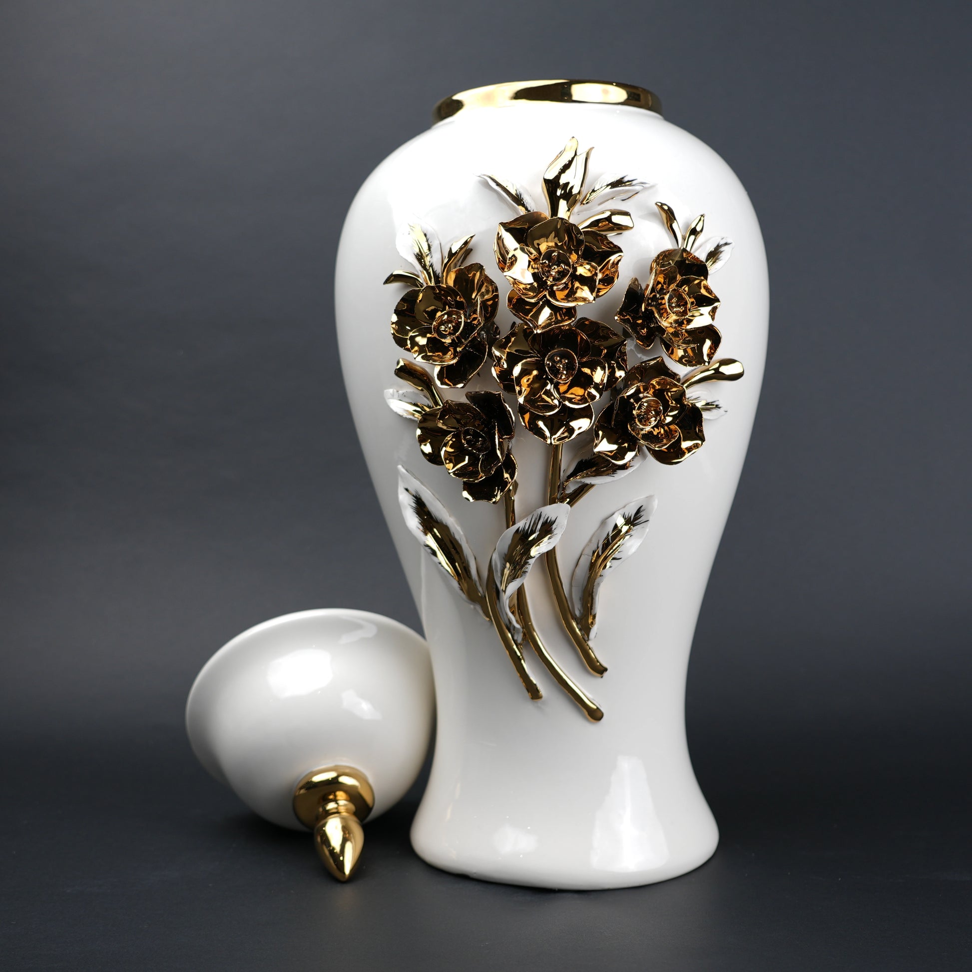 White ceramic jar with gold floral detailing decorative jar with lid for modern home decor