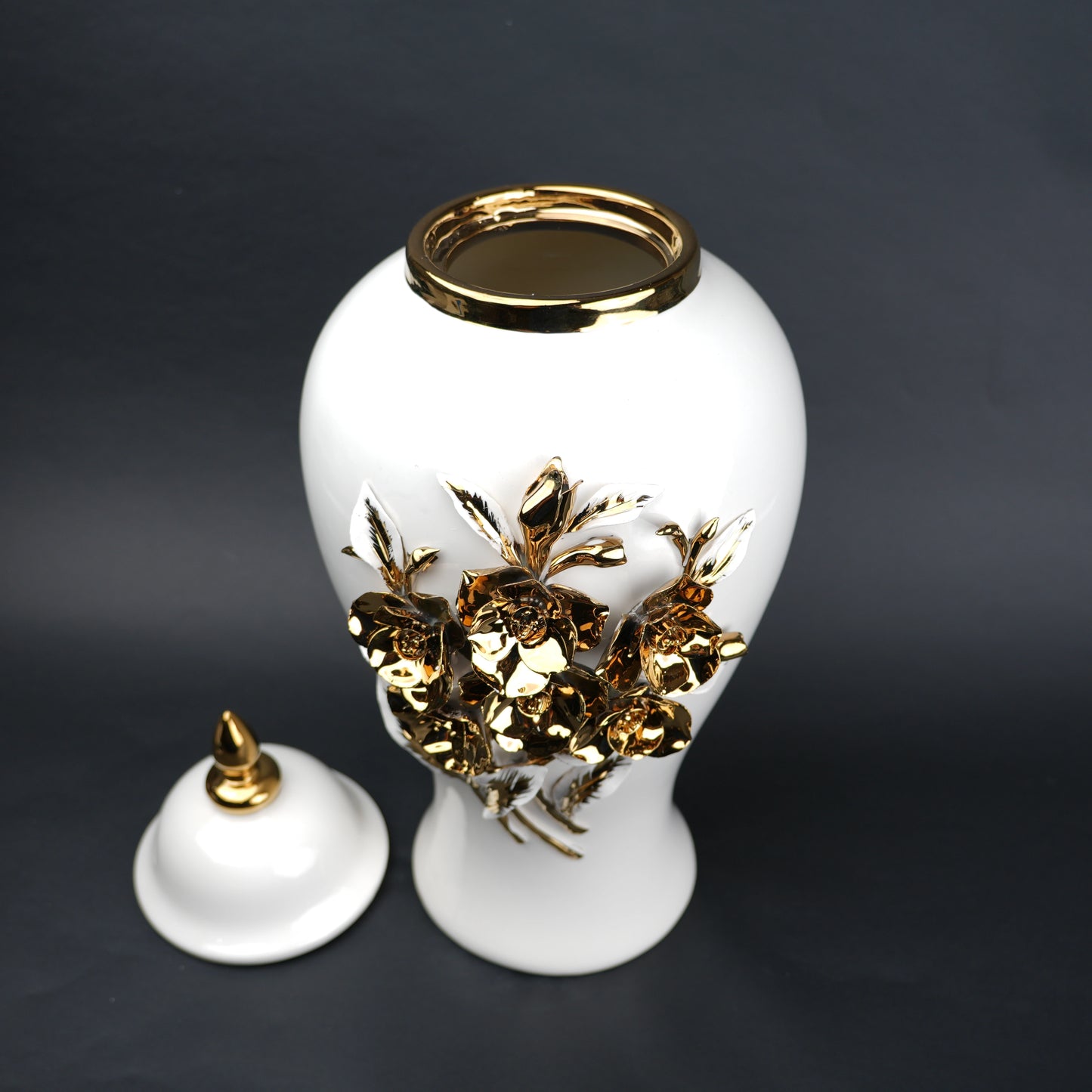 White ceramic jar with gold floral detailing decorative jar with lid for modern home decor