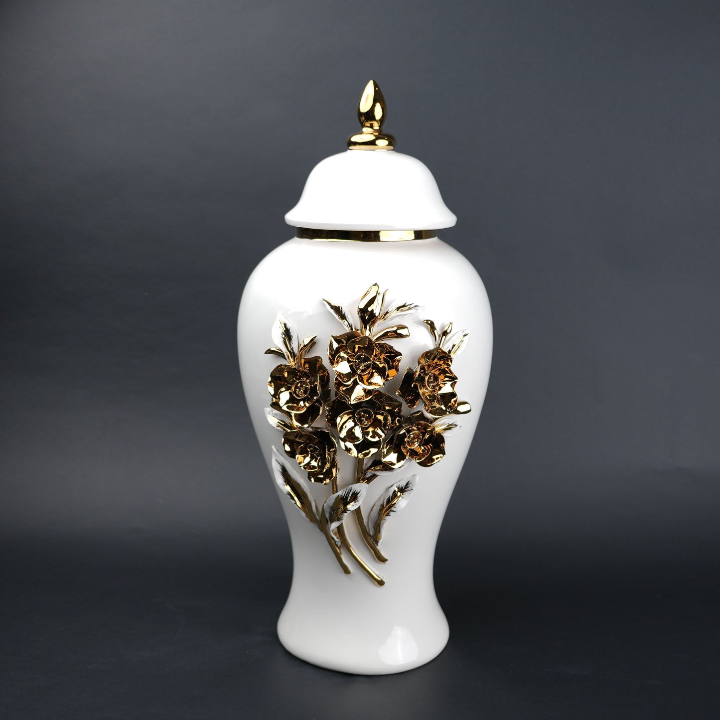 White ceramic jar with gold floral detailing decorative jar with lid for modern home decor