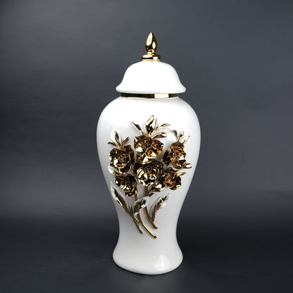 White ceramic jar with gold floral detailing decorative jar with lid for modern home decor