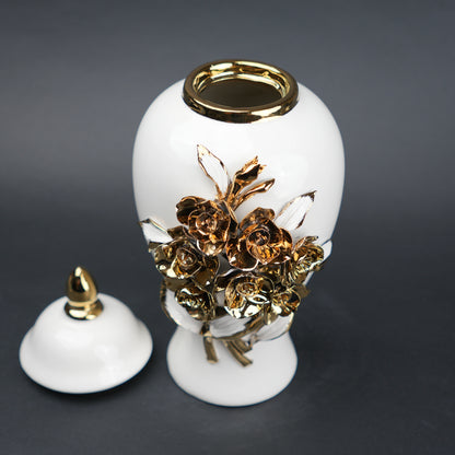 White ceramic jar with gold floral detailing decorative jar with lid for modern home decor