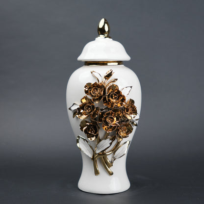 White ceramic jar with gold floral detailing decorative jar with lid for modern home decor