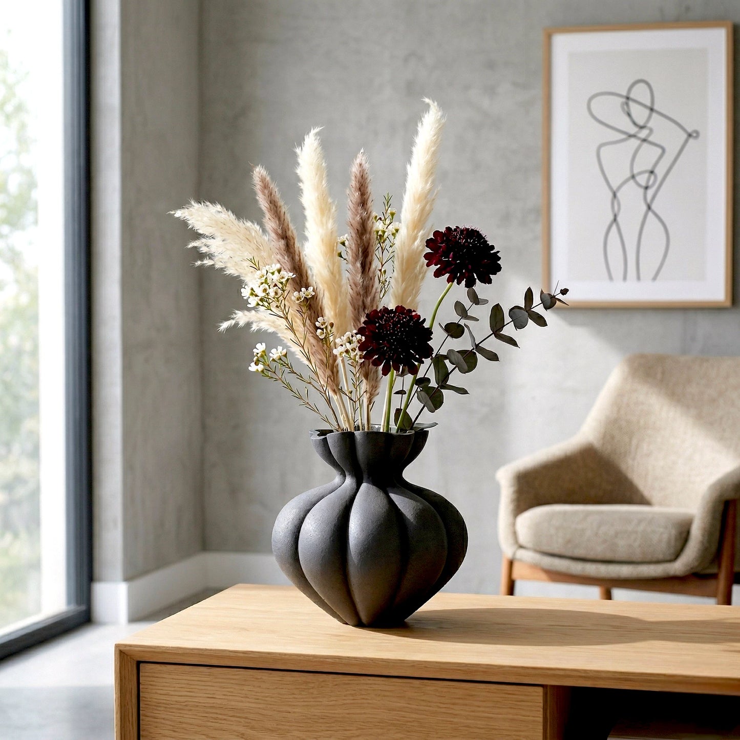 Fluted Form Vase black ceramic vase front view