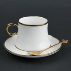 White ceramic cup and saucer set with gold rim and spoon modern tea coffee serving set