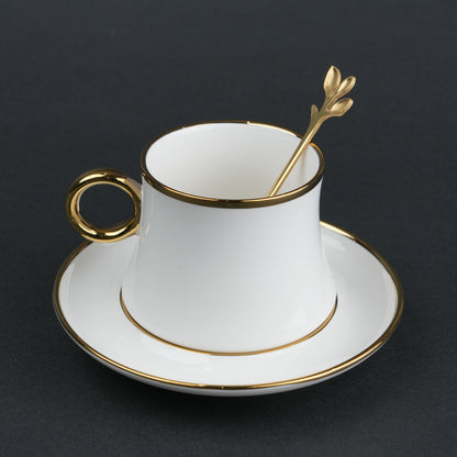 White ceramic cup and saucer set with gold rim and spoon modern tea coffee serving set
