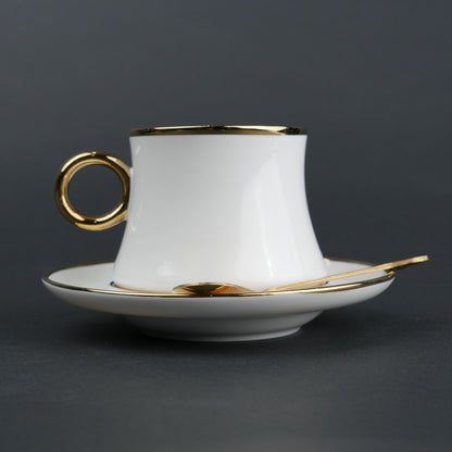 White ceramic cup and saucer set with gold rim and spoon modern tea coffee serving set
