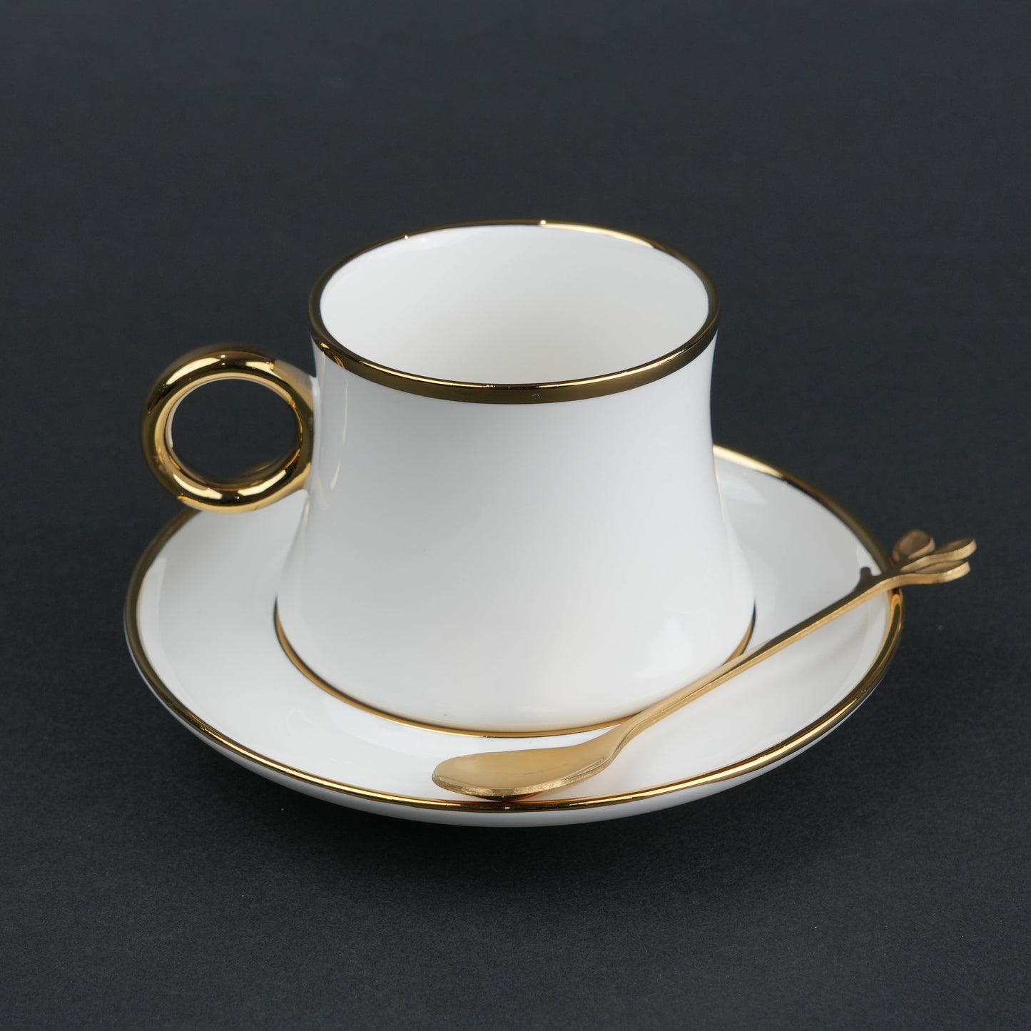 White ceramic cup and saucer set with gold rim and spoon modern tea coffee serving set