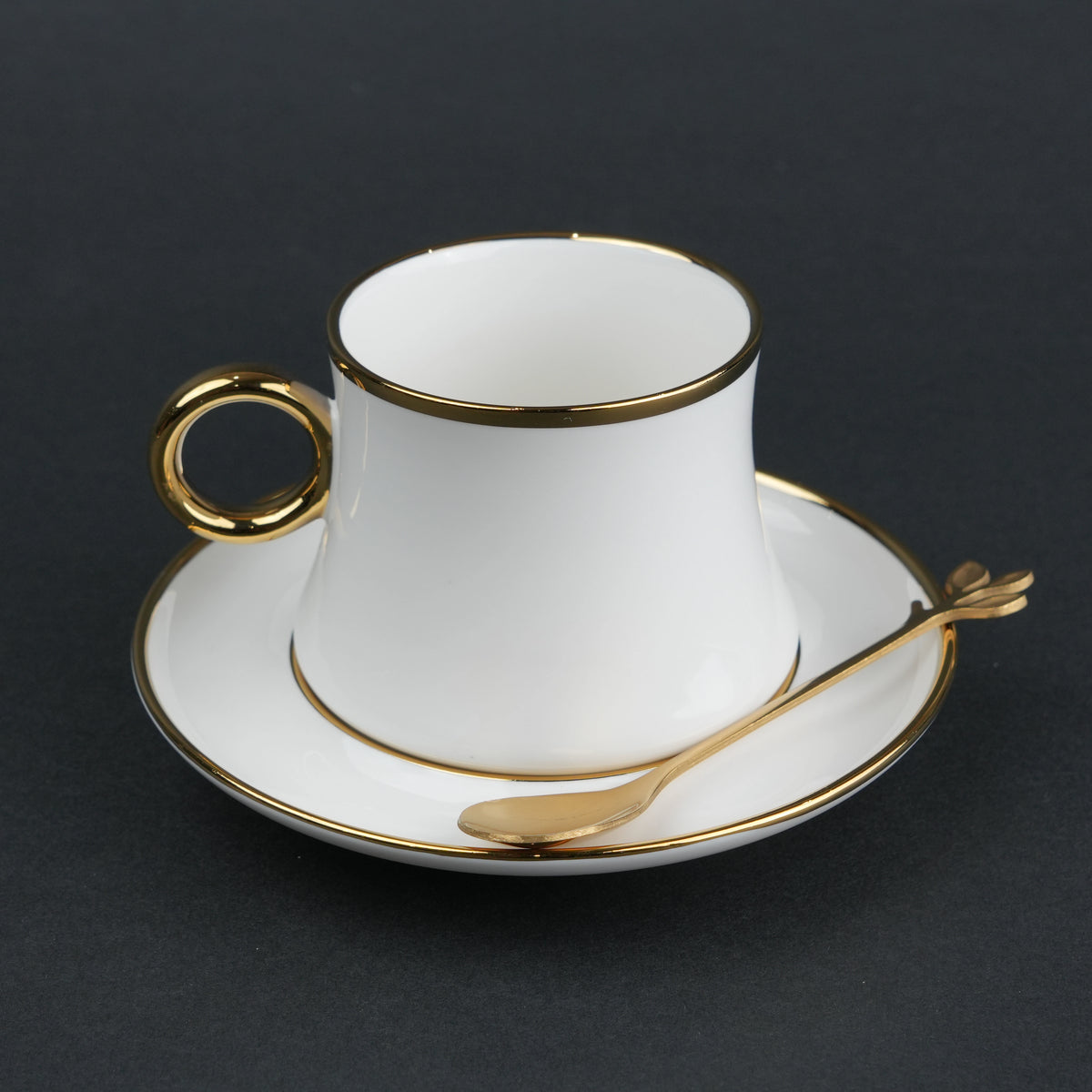 White ceramic cup and saucer set with gold rim and spoon modern tea coffee serving set