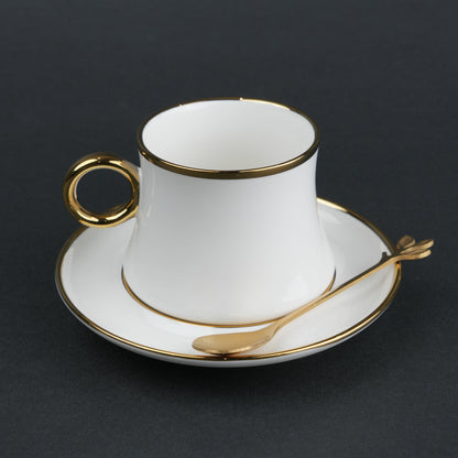 White ceramic cup and saucer set with gold rim and spoon modern tea coffee serving set