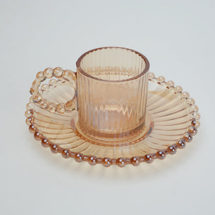 beaded glass tea cup and saucer set available in amber and clear textured glass for modern table setting
