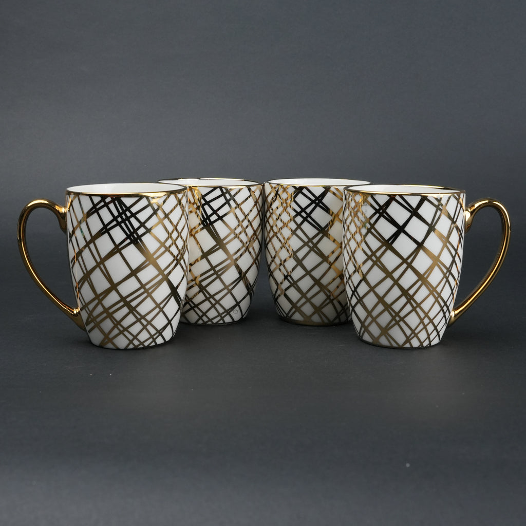 Ceramic mug set of 6 white gold with patterned design and gold handle modern coffee mugs set