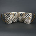 Ceramic mug set of 6 white gold with patterned design and gold handle modern coffee mugs set