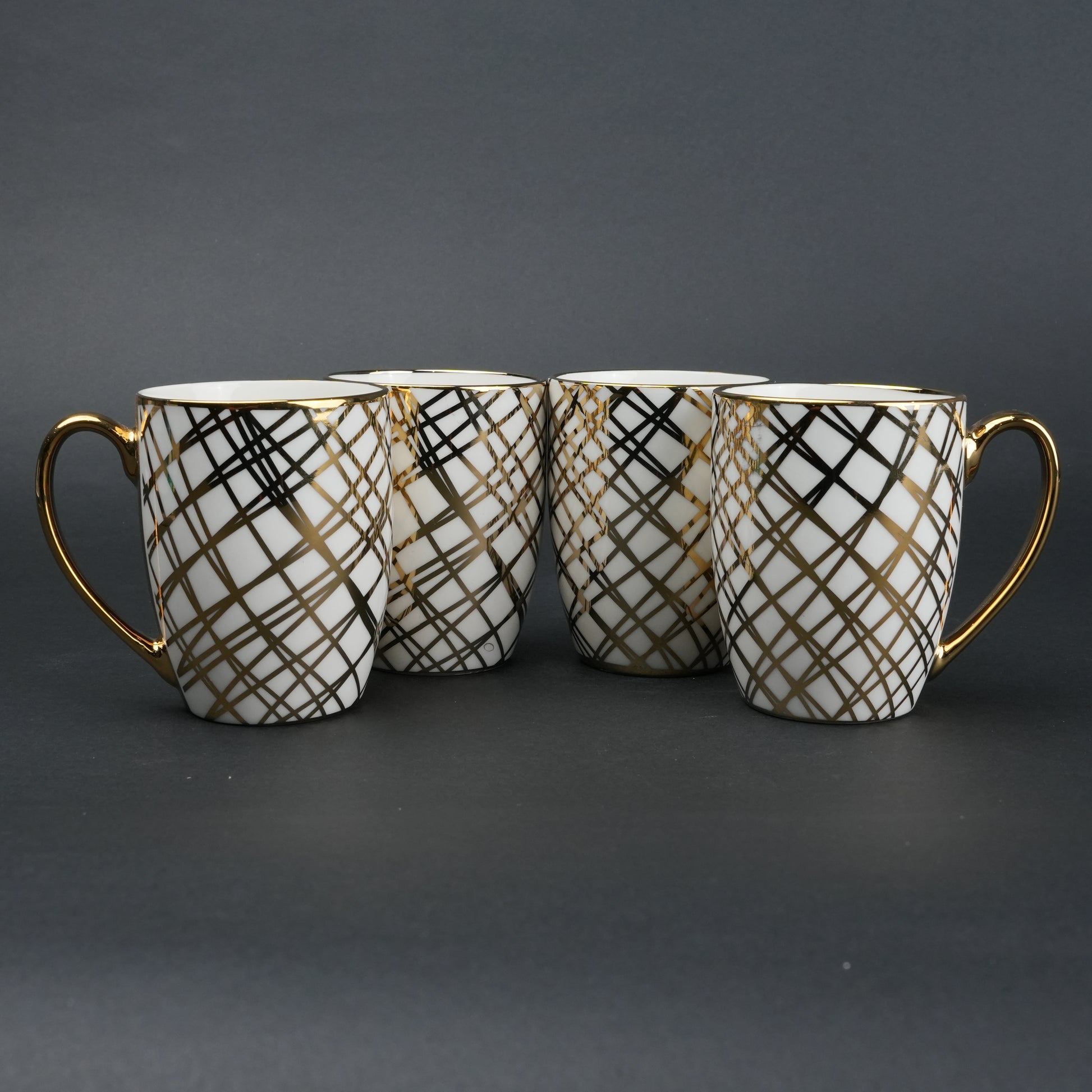 Ceramic mug set of 6 white gold with patterned design and gold handle modern coffee mugs set