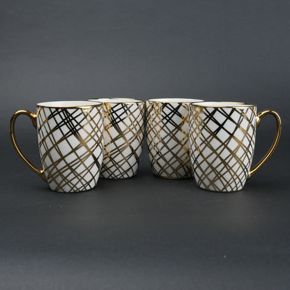 Ceramic mug set of 6 white gold with patterned design and gold handle modern coffee mugs set