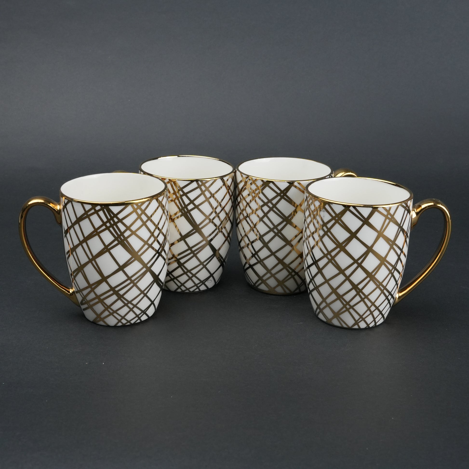 Ceramic mug set of 6 white gold with patterned design and gold handle modern coffee mugs set