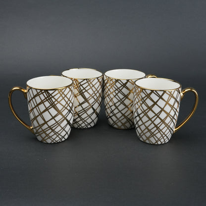 Ceramic mug set of 6 white gold with patterned design and gold handle modern coffee mugs set