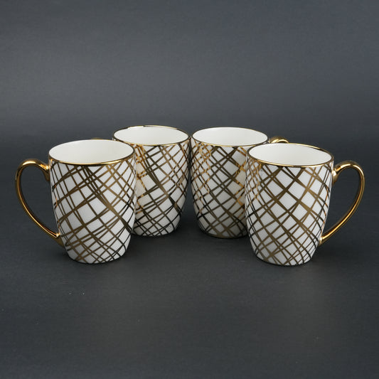 Ceramic mug set of 6 white gold with patterned design and gold handle modern coffee mugs set