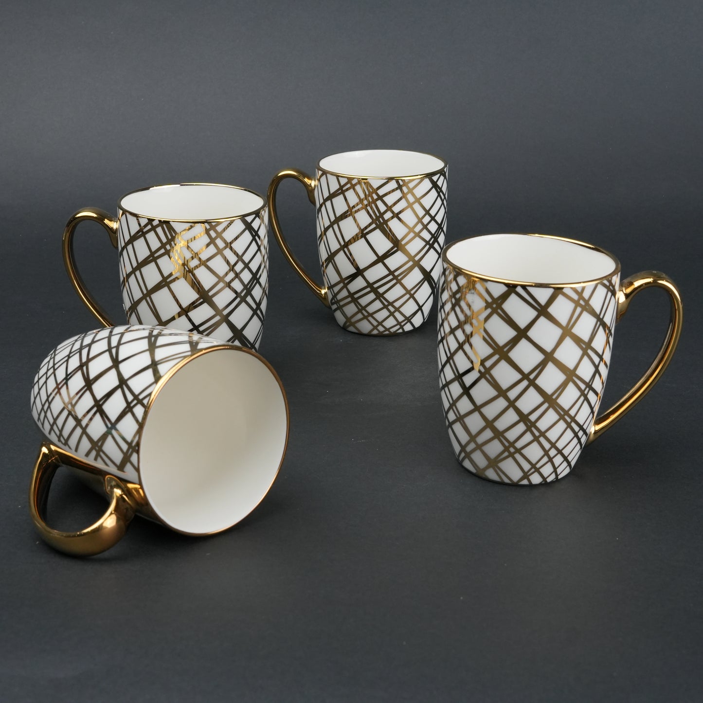 Ceramic mug set of 6 white gold with patterned design and gold handle modern coffee mugs set