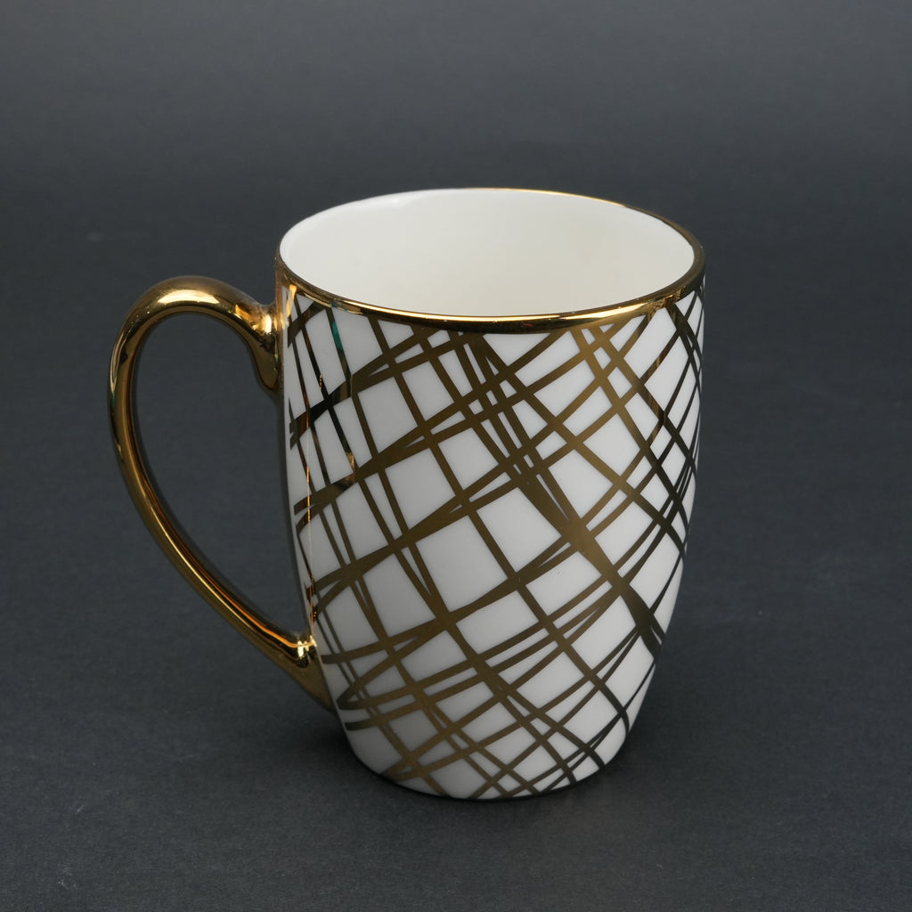Ceramic mug set of 6 white gold with patterned design and gold handle modern coffee mugs set
