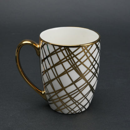 Ceramic mug set of 6 white gold with patterned design and gold handle modern coffee mugs set
