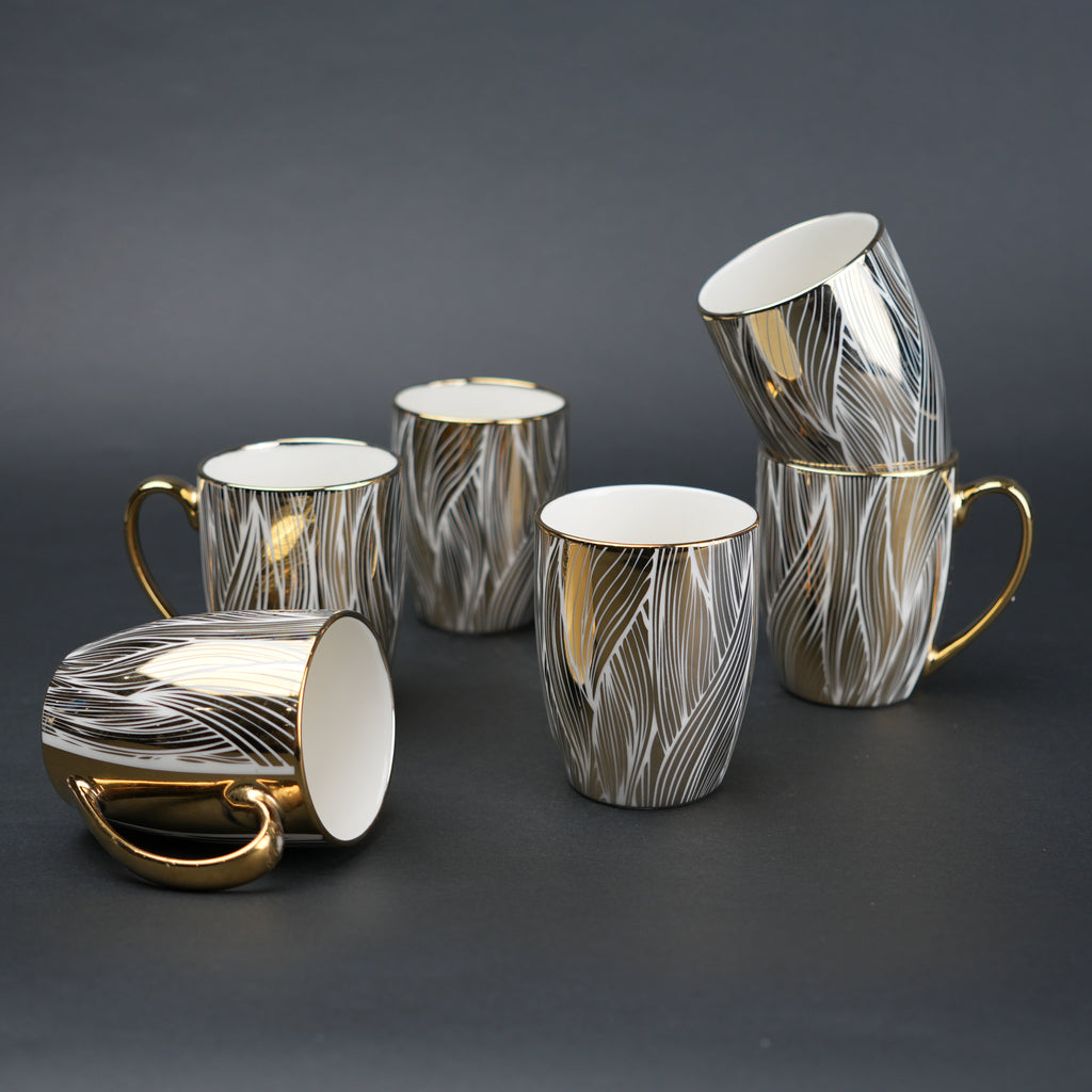 Ceramic mug set of 6 white gold with patterned design and gold handle modern coffee mugs set
