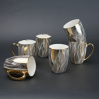 Ceramic mug set of 6 white gold with patterned design and gold handle modern coffee mugs set